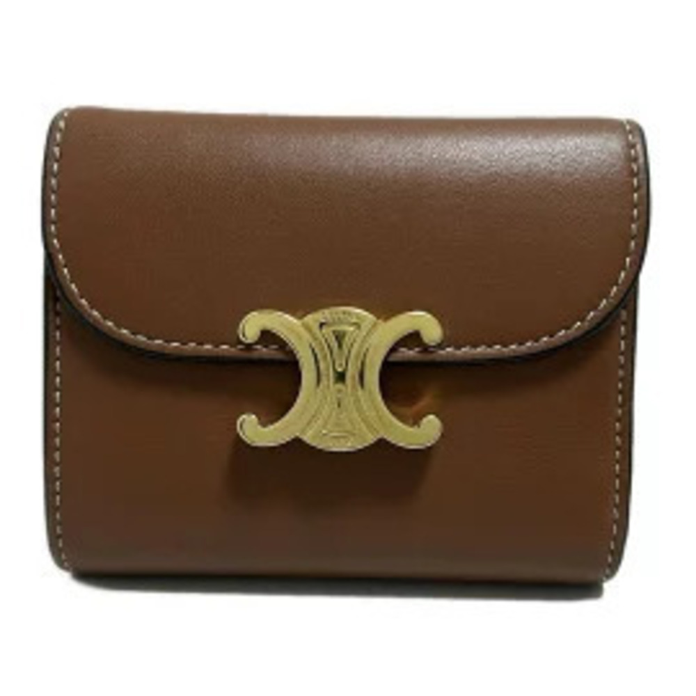 Celine Flap Wallet Triomphe Tri fold Brown Leather